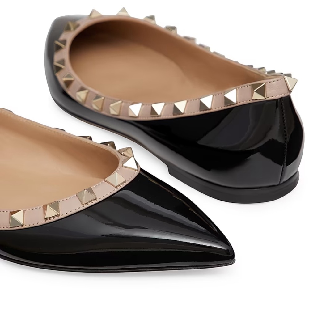 Valentino Garavani Rock Stud Patent Leather Pointed Toe Flats Black 38.5/8.5